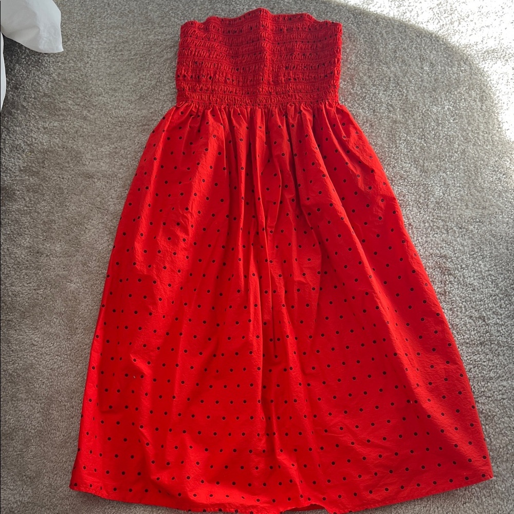 A New Day Strapless Red Dress with Black Dots